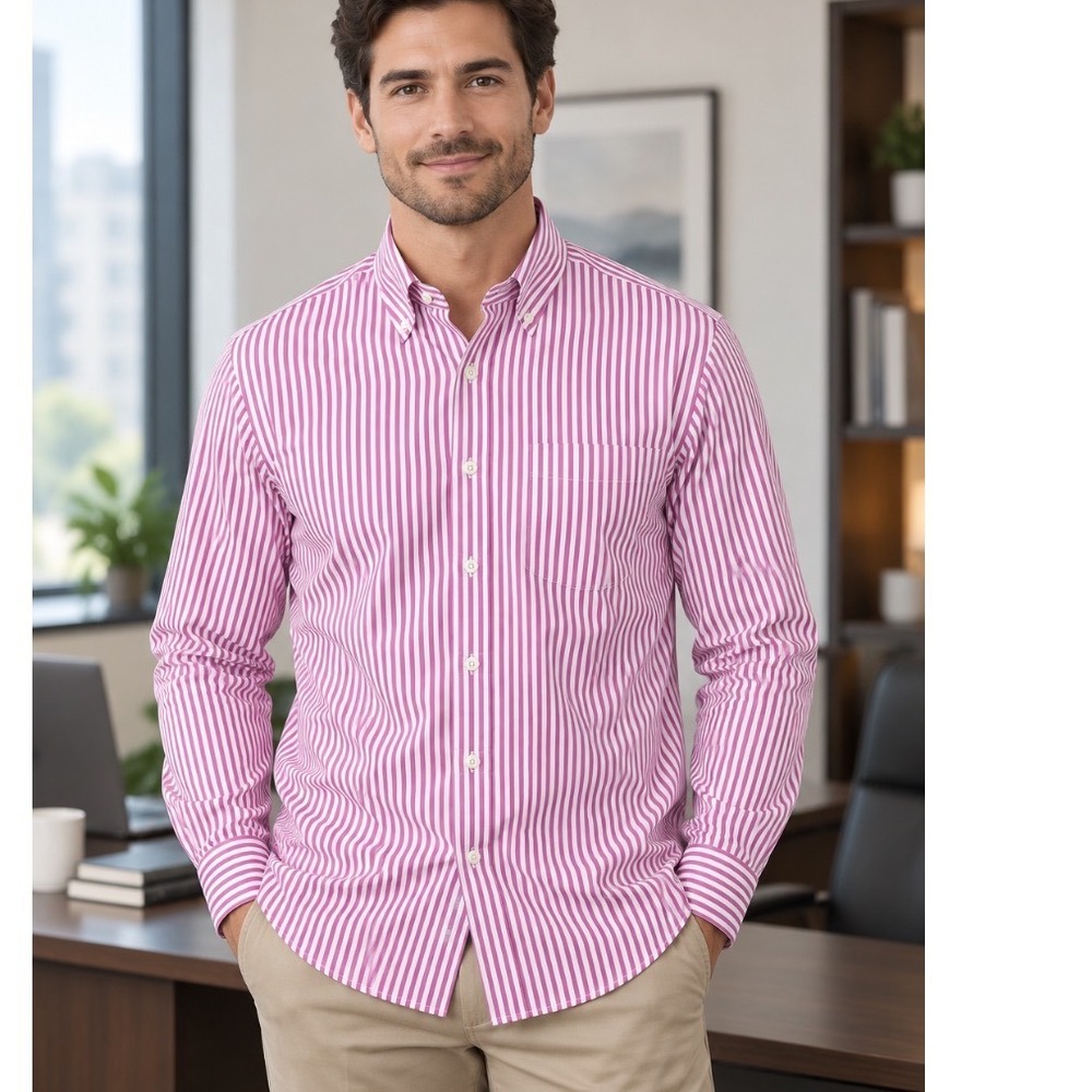 Brooks Brothers Classic Non-Iron Pink White Stripe Supima Cotton Shirt 17.5 33